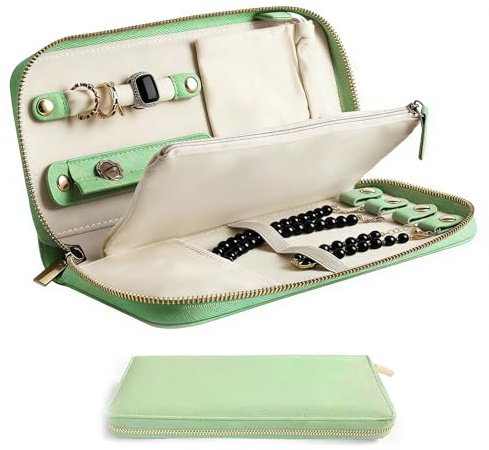 DHSUN Travel Jewelry Organizer, Small Tangle-Free Case for Necklaces, Jewellery,Earrings, Rings, Bracelets, Fashion Portable Jewelry Travel bags for Women,Macaron Green