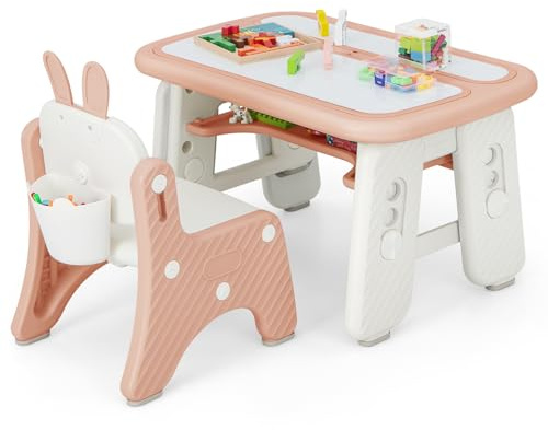 GYMAX Kids Table and Chair Set, Children Activity Table with Chair, Flip-Top Tabletop, Magnetic Drawing Board & Storage Shelf/Box, Height Adjustable Toddler Art Table Set for Boys Girls (Pink)