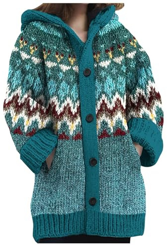 Duohropke Chaqueta de punto para mujer con capucha de punto grueso oversize suéter vikingo 3D impresión digital fantasma estampado colorido suéter navideño sudadera con capucha abrigo cálido de punto