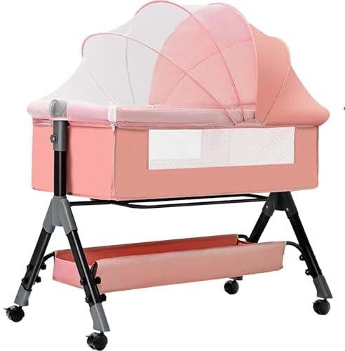 babykorg, Sängsoffa for babybassin, enkel hopfällbar spjälsäng med förvaringskorg, justerbar höjd, mjuk madrass och hjul, sängbäddsvagn(Pink)