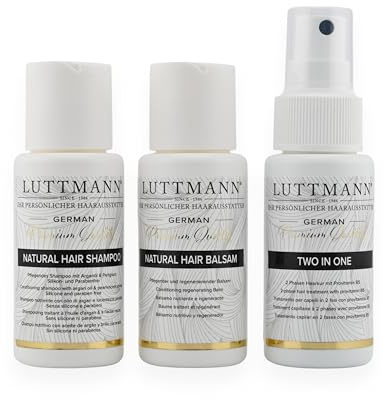 LUTTMANN® Natural Hair - Kit de cuidado para cabello natural, champú + bálsamo + spray Two In One – Cuidado intensivo para todas las pelucas de cabello real, postizos, extensiones y cabello natural