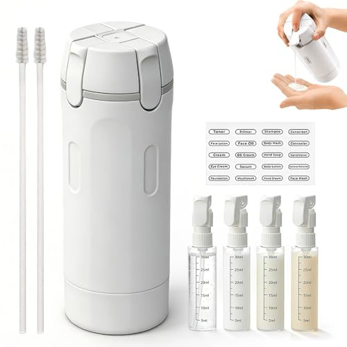 4-i-1 reseflaskdispenser, påfyllningsbar HOVCEH Trip Dispenser Kit, bärbara resebehållare med 2 rengöringsborstar, skala och etikett för vatten, lotion, serum, ansiktskräm