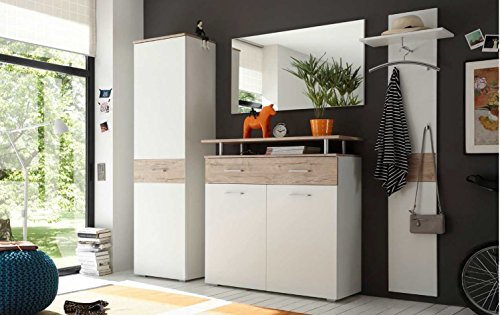 First-Look Garderobe 4-teilig Weiss/Eiche San Remo Set Garderobenschrank, Schuhschrank, Spiegel und Paneel