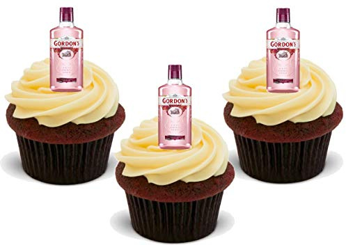 12 x Pink Gin Bottles - Fun Novelty Birthday Premium Stand UP Edible Wafer Card Cake Toppers Decorations