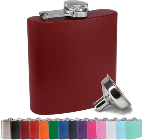 6 oz Stainless Steel Hip Flask with Funnel for Men & Women, Powder Coated Flask Gift Sets for Groomsmen, Bridesmaids, Wedding Party Whiskey Flask for Liquor, by Clear Water Home Goods, Matte Maroon
