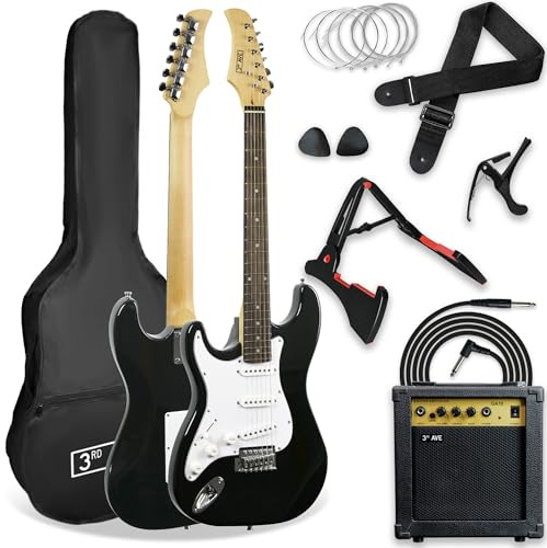 3rd Avenue Full Size 4/4 Left Handed Electric Guitar Kit in Black + 1 Month Free Ultimate Guitar Pro and Courses - 10W Amp, Cable, Stand, Gig Bag, Strap, Strings, Picks, Capo