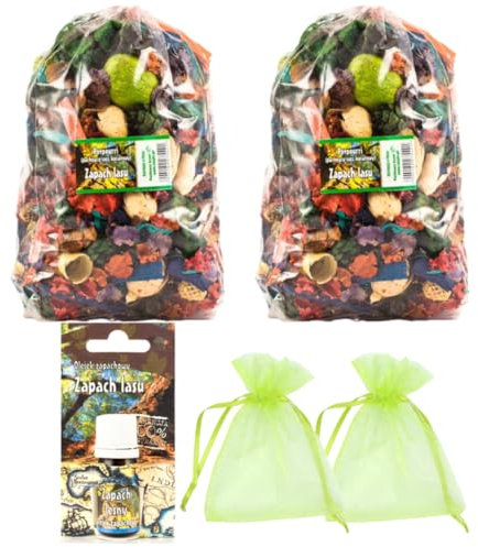 Set di Potpourri Profumato alla Foresta Verde - 2 Sacchi Grandi, 1 Olio Profumato alla Foresta, 2 Sacchetti di Organza | Decorazione per la Casa Autunnale e Natalizia | Fiori Secchi per Vaso Soggiorno