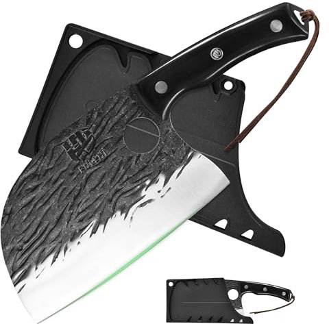 FULLHI 2pcs Coltello da macellaio con fodero, coltello da cuoco serbo Tang, coltello da verdure con mannaia in acciaio al carbonio per esterno, campeggio (Nero, Coltello da cuoco serbo)