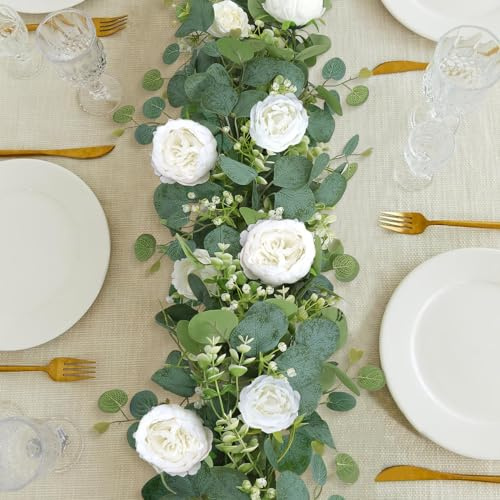 SOMYHING Guirnalda de flores de eucalipto y rosas falsas, hojas de eucalipto, vegetación para bodas, mesas y fiestas, decoración