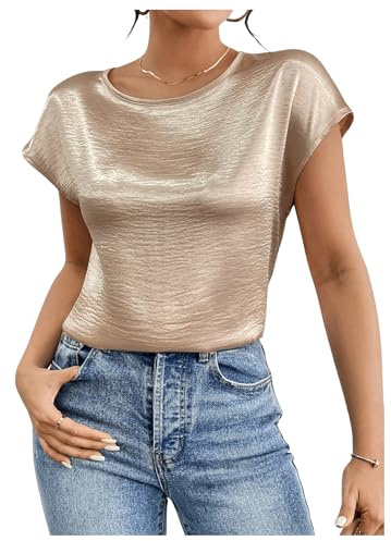 SweatyRocks Women's Crew Neck Satin Blouse Cap Short Sleeve Party Blouse Shirts Tops Champagne Medium