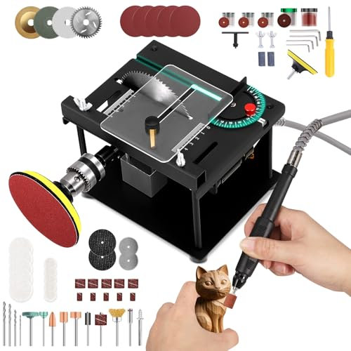 Mini Scie à Table, 200 W Multifonctionnelle Portable de PréCision, Mini Scie à Table Coupe Multifonctionnelle Avec PonçAge et Polissage, 4 Lames, Coupe de Levage 0,1 à 35 mm