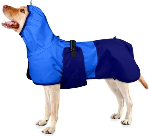 Impermeabile per Cani con Cappuccio, Poncho Impermeabile Mantella Pioggia Giacca Antipioggia Cani Felpa Impermeabile con Strisce Riflettenti(Blu, L)