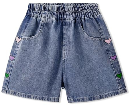 Rolanko Vaqueros Pantalones Cortos para Niñas, Cintura Elástica, Rasgados Jeans Cortos de Verano con Bolsillos para Niños, Color Corazón, Talla: 13-14 Años, 170