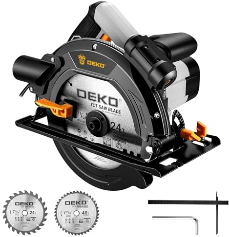 Sega circolare per legno 1400W: DEKOPRO Sierra Circular con binario guida, 2 lame da sega Ø190mm (24T + 40T), 5500RPM, Profondità massima di taglio 65mm (90°), 43mm (45°), Ideale per Tagliare Legno