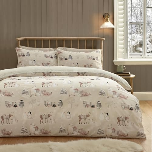 Catherine Lansfield Winter Friends Sherpa - Set copripiumino king size con federe, colore: naturale
