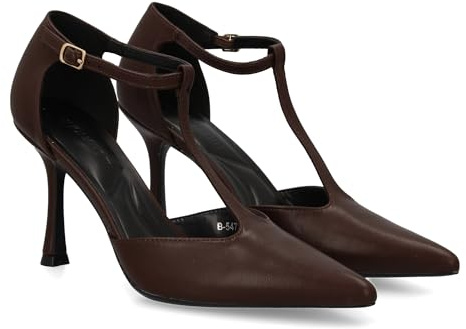 shoes&blues.es 94930 Stiletto de Tacon Fino, Diseno Elegante. Zapato de Salon con y Punta Afilada,Cierre de Hebilla.Ideal Otono Invierno. Marron Talla 41