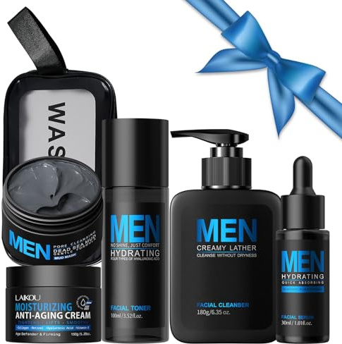 Kit Cura Viso Regalo Uomo, 5 pezzi Beauty Routine Viso Kit Anti Age, Compagno di Viaggio Ideale, per Detergente Idratante Nutriente Anti-età Revitalising Self