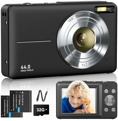 Digitalkamera 1080P Fotokamera 44MP Fotoapparat 16X Digitalzoom mit 32GB Karte 2 Akkus Digitalkamera für Kinder Student Jugendliche Anfänger Schwarz