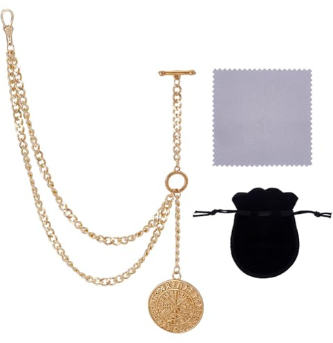 PH PandaHall Chaîne de Montre de Poche Chaîne de Gousset en Acier Inoxydable 304 Chaîne de Gilet de Montre de Poche Dorée pour Hommes Chemise de Costume Cadeau Fête des Pères, Pendentif: 4.4cm