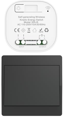 Cerhot interruptor inalámbrico cinético negro RF interruptores inalámbricos de control simple y doble sin batería mando a distancia radio interruptor inalámbrico (Negro 1Gang 1V1 EU)