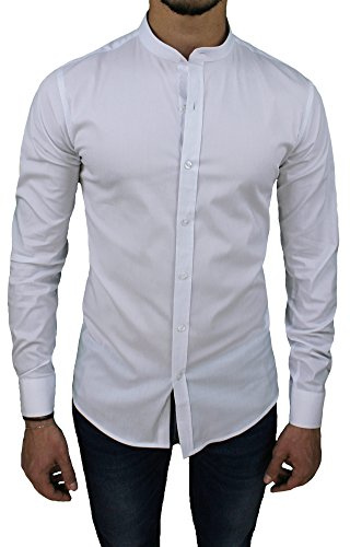 AK collezioni Camicia Uomo Cotone Slim Fit Casual Elegante con Colletto Coreana (XXL, Bianco)