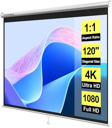 VIVOHOME 120 Inch 1:1 Pull Down Projector Screen, HD 4K Retractable Movie Screen for Indoor Home Theater and Office, Manual Projection Screen with Auto Locking (84Wx84H Inch Display Area)