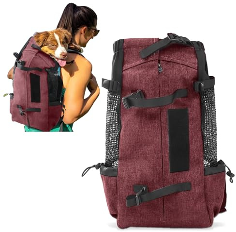 PETCUTE hundryggsäck, reseväska/ryggsäck för hund och katt, andningsbar husdjursryggsäck med bekväm tjock axelrem för husdjur, 10 kg, röd