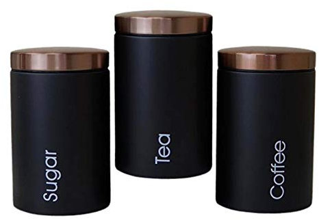 #N/A 3pcs Metal Containers with Lids, Coffee, Tea, Sugar Food Storage Container Jars with Lids, Black