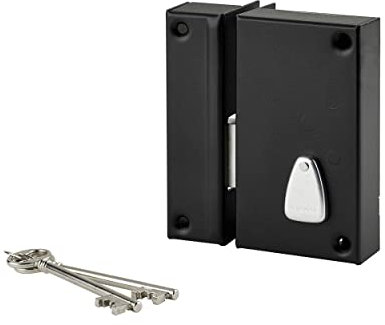 THIRARD - Cerradura Vertical de Sobreponer 6 Guardas con Llave - Solo Perno - Eje 45 mm - 75 x 130 mm - Negro - 2 Llaves - Caja y Contraplaca de Acero Curvado - Puerta de Trastero Izquierda