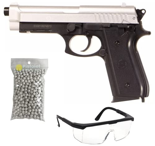 2EAGLE Pack Airsoft Pistolet modèle PT92 Bicolore à Ressort/matière: Plastique Haute résistance et Culasse métal/Puissance 0.5 Joule/livré avec Accessoires, Noir et argenté, 220 mm
