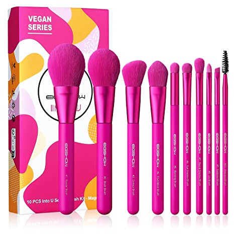 EIGSHOW Set de pinceaux de maquillage, 10 pinceaux de maquillage, poils en nanofibres de qualité supérieure pour estomper le fond de teint, la poudre pour le visage et les contours (Rouge)