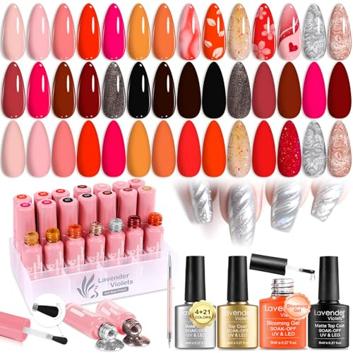 Lavender Violets 25 Pcs Gel Nail Polish Rose Gold Pearl Shell Cat Eye Mulit Effect kit Blooming Gel Base Coat,Glossy n Matte Top Coat Dotting Liner Brush Manicure Varnish Gift Box for Women C401