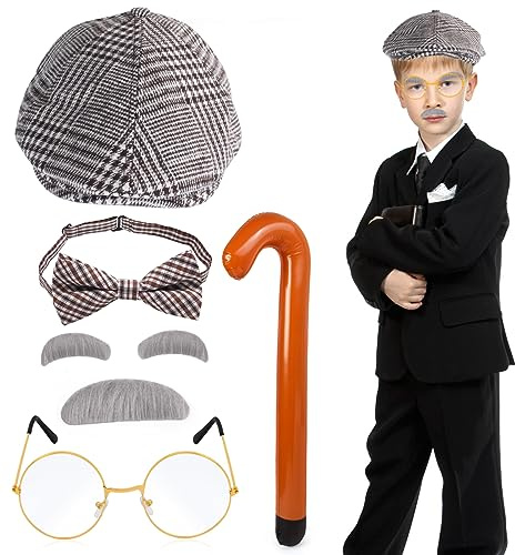 Yewong Kids Grandpa Costume Set Hat Mustache Eyebrows Glasses Cane Bowtie