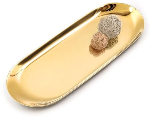 Yvttve Vassoio decorativo oro in acciaio inox, vassoio bagno portaoggetti, ovale vassoi piccoli per dolci candele, profumi, caffè, gioielli, cosmetici (oro, 30 cm 1 Pezzo)
