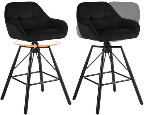 WOLTU Barhocker 2er Set, 360°drehbar Barstuhl Bistrohocker mit Rückenlehne Tresenhocker mit Lehne Fußstütze 4 Beinen, drehbar, gepolstert, Samt Metall, Schwarz, BH397sz-2