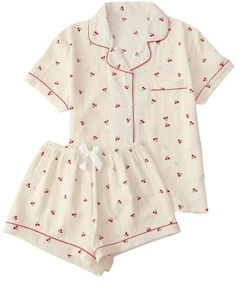 Verdusa Pajamas For Women Set 2 Piece Summer Pajama Sets Cute Pjs Lounge Matching Button Shirt with Shorts Apricot Large