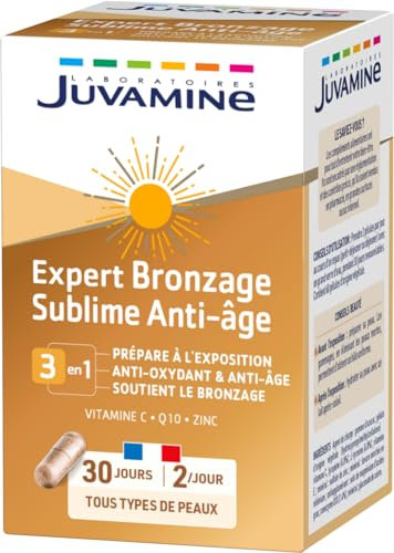 JUVAMINE Expert Bronzage Sublime, Antioxydant et Anti-âge, Prépare à l'Exposition au Soleil, Soutient le Bronzage, Programme 1 mois, 60 gélules d'origine végétale, Fabriqué en France