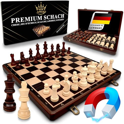 APEQi® Premium Schach MAGNETISCH - Schachspiel Holz HOCHWERTIG - [38x38cm], Massivholz, 2 EXTRA-Damen, Geschenkidee - Schachbrett Holz hochwertig - Chess Board 34 Schachfiguren Reiseschach magnetisch