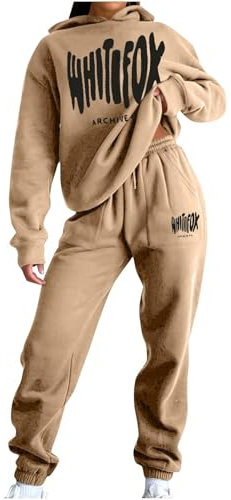 NSICBMNO Khaki Tracksuit Womens Full Set Jogging Suits Hoodie Tracksuit Two Piece Outfit Oversized Sweatshirts Jogging Pants With Pockets Lounge Outfits Casual Co Ord Sets Gym Activewear Streetwear