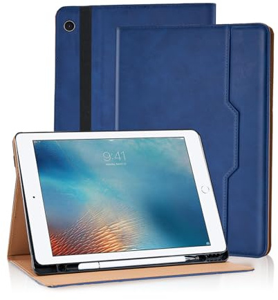 Vkooer Coque pour iPad Pro 9.7 Pouces 2016 (Modèles : A1673/A1674/A1675) Housse Cuir PU Etui de Protection avec Support Fonction et Poche de Documents, iPad Air 1/2/ iPad 9.7 2018/2017 (6/5th), Bleu