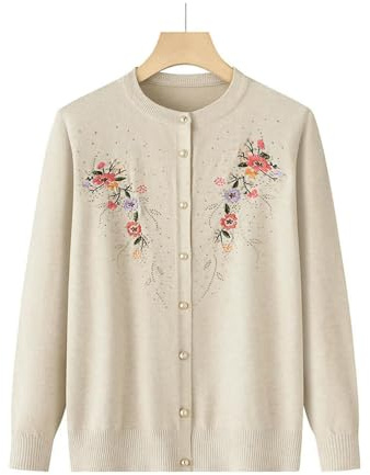 ZBJZUIMEI Suéter De Abuela Cálido Chaqueta De Cárdigan De Bordado De Bordado De Mediana Edad Y Anciana-Beige-l