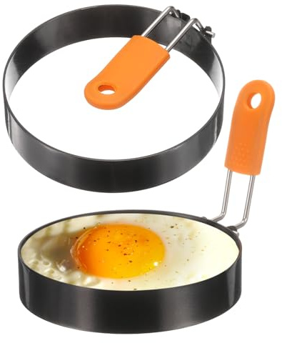 QUARKZMAN 2 Piezas Anillos Para Huevos 4 Acero Inoxidable Antiadherente Anillo Para Cocinar Panqueques Con Mango De Silicona Para Plancha Huevos Fritos Sándwiches Tortillas Desayuno