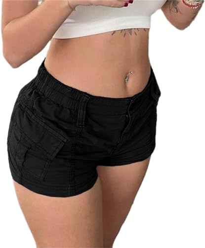 IWOLLENCE Pantaloncini cargo da donna in cotone Y2K a vita bassa in denim da donna, mini jorts estivi jeans corti con 2 tasche e elastico in vita, Nero , S