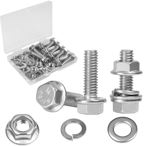 Yinpecly 10 Sets 5/16-18 x 1 Flanged Hex Head Bolts Kits, 5/16-18 Flange Hexagon Screws and Nuts,Flat & Spring Lock Washers, 304 Stainless Steel 18-8,Fully Threaded