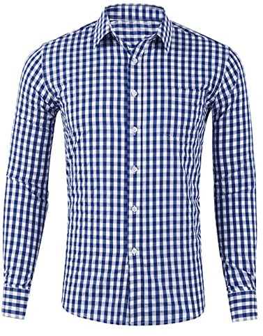 EQWIGKEIT Chemise traditionnelle pour homme - Coupe droite - Chemise à manches longues - Chemise à carreaux - Col Kent - Chemise de loisirs - À carreaux, bleu foncé, XXL