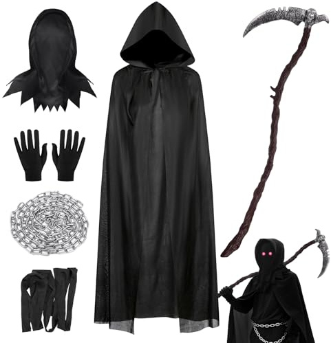 Sensenmann Kostüm Kinder mit Gebogene Sense & Separate Maske - 6er Set - Gruselige Halloween Kostüm Junge Sensenmann Umhang Schwarze 158-175 Grim Reaper Tod Dementor Costume Cosplay Outfit Party