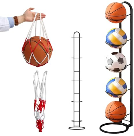 GZGXKJ Porta Palloni da Calcio Verticale Scaffale Portaoggetti per Palloni Rimovibile a 5 Livelli con Borsa a Rete Scaffale per Pallacanestro Attrezzature Sportive Basket Pallavolo (Nero)