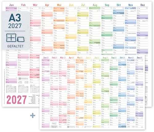 Häfft® Wandkalender 2027 A3 quer (42 x 29,7 cm) Wandplaner mit Ferien und Feiertagen für DE, Jahresplaner gefalzt inkl. gratis A4-Kalender Rainbow