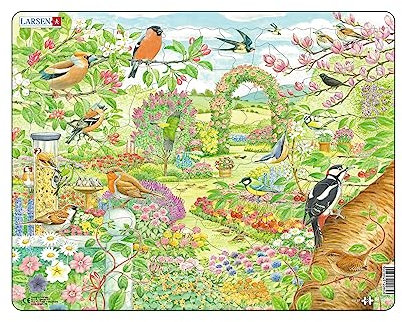 Larsen Puzzles FH37 Rahmenpuzzle Kinder Bunte Blumen und Vögel im Garten 60 Teile ab 4 Jahre Lernspielzeug Kreativität und Konzentration fördern