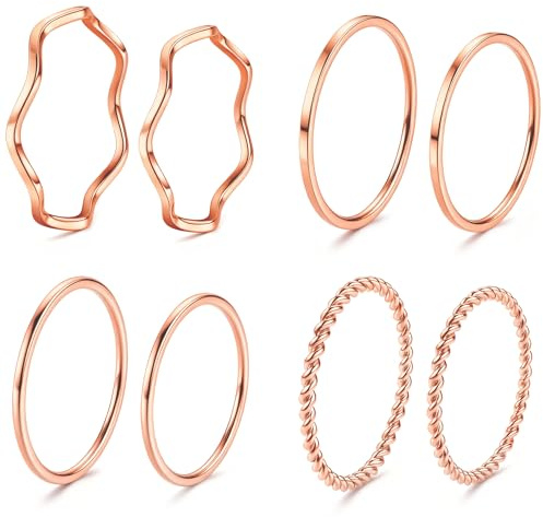 LOYALLOOK 8-14Pcs 1mm Stainless Steel Women's Plain Band Knuckle Stacking Midi Rings Comfort Fit Rose Gold Tone